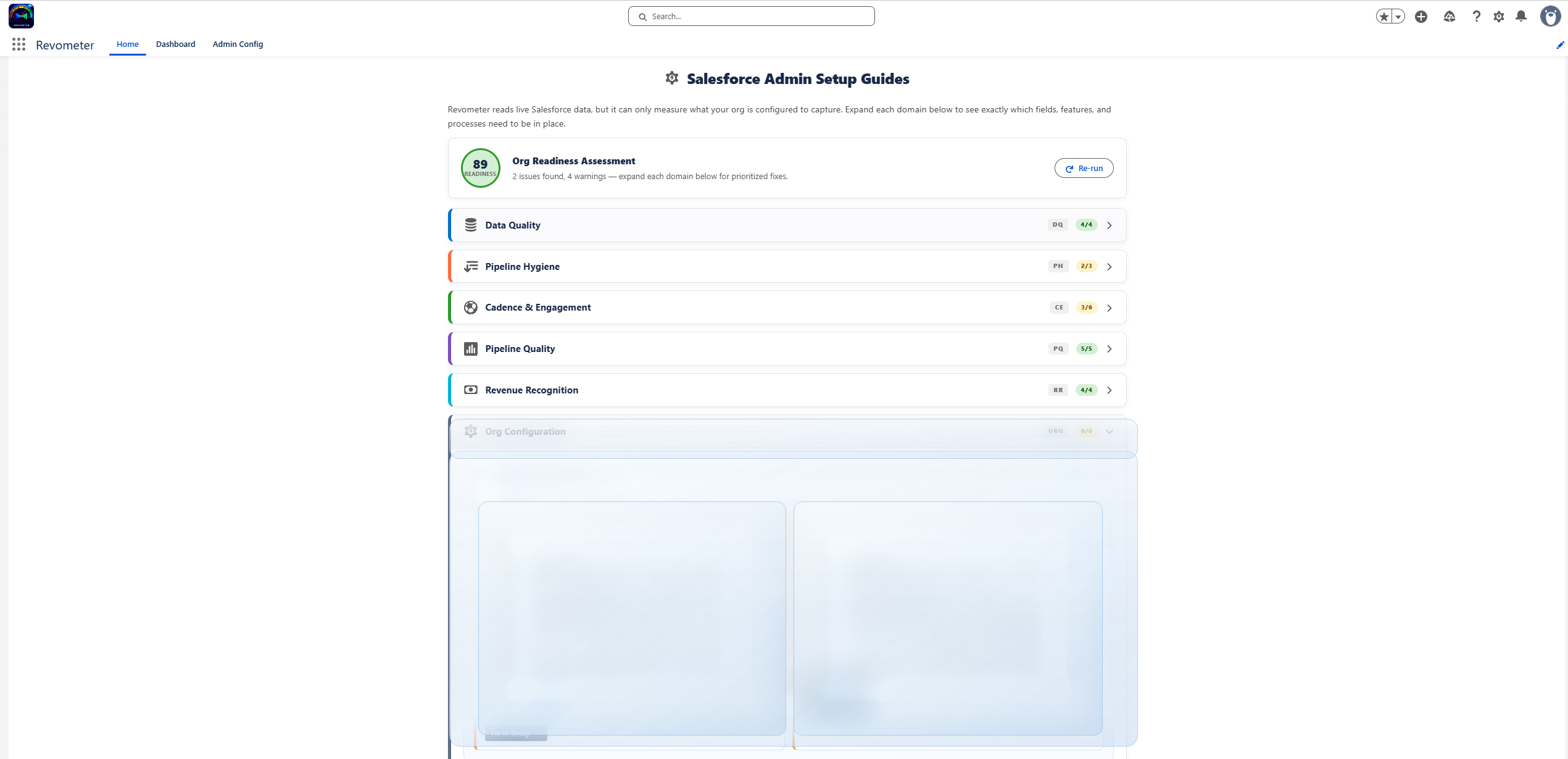 Revometer Admin Setup Guides preview showing org readiness, domain setup coverage, and frosted field-level remediation detail.